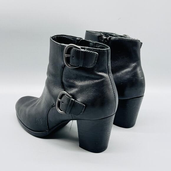 Born Boots Women 7.5 Black Leather Ankle Bootie Buckle Strap Block Heel Side Zip - Picture 5 of 12